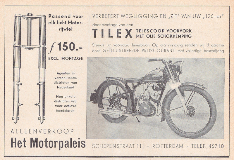 Advertentie voor Tilex voorvork voor Sparta motorfiets, uit KNMV Motorwereld, nr. 13 uit 1948