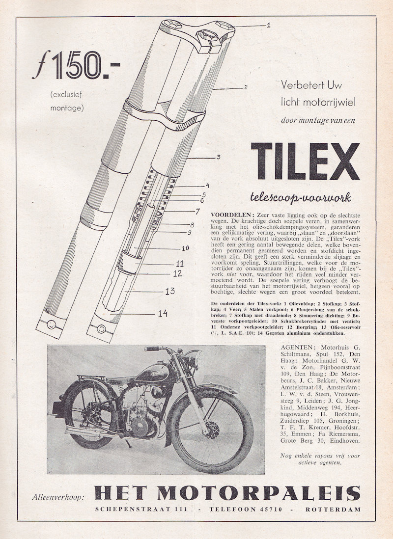 Advertentie voor Tilex voorvork voor Sparta motorfiets, uit KNMV Motorwereld, nr. 19 uit 1948