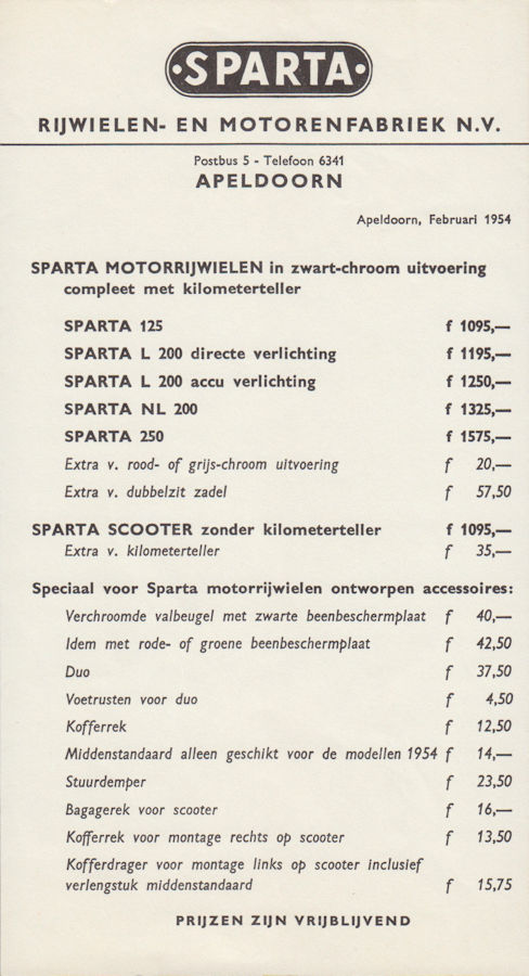 Prijslijst Sparta motorfietsen 1954